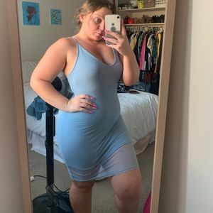 Blue ribbed dress with mesh overlay